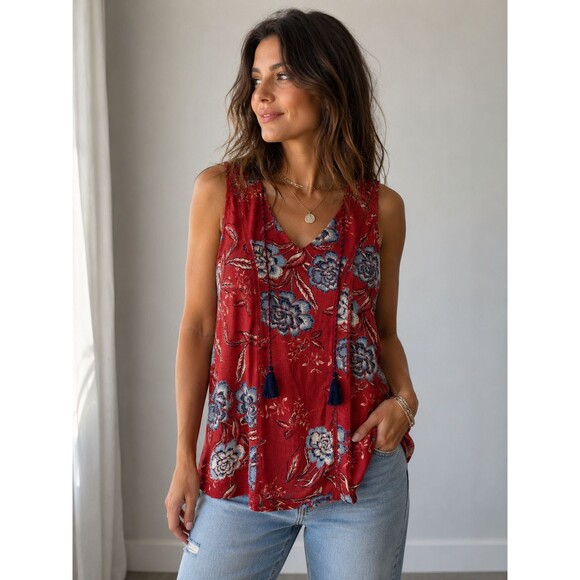 Knox Rose Tops - Knox Rose Womens Small Sleeveless V Neck Floral Boho Top Red Tassel Tie Smocked